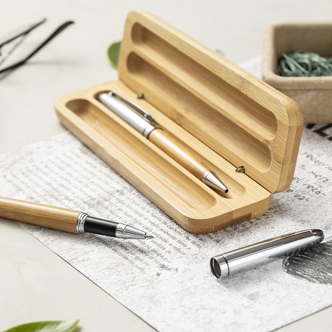 Pennenset balpen en rollerpen bamboe - Afbeelding 5