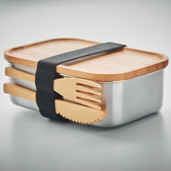 Lunchbox met bestek RVS/bamboe 600 ml - Afbeelding 4