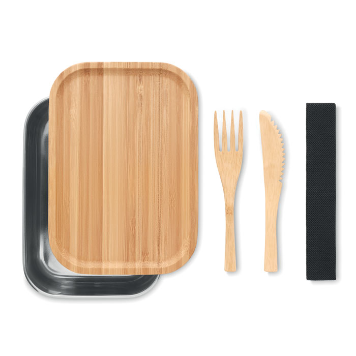 Lunchbox met bestek RVS/bamboe 600 ml - Afbeelding 2