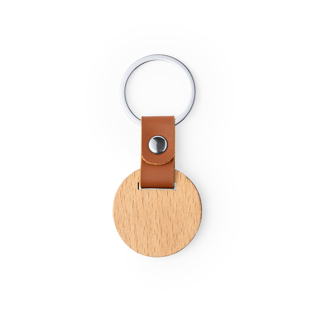 Sleutelhanger imitatieleer/hout bruin rond
