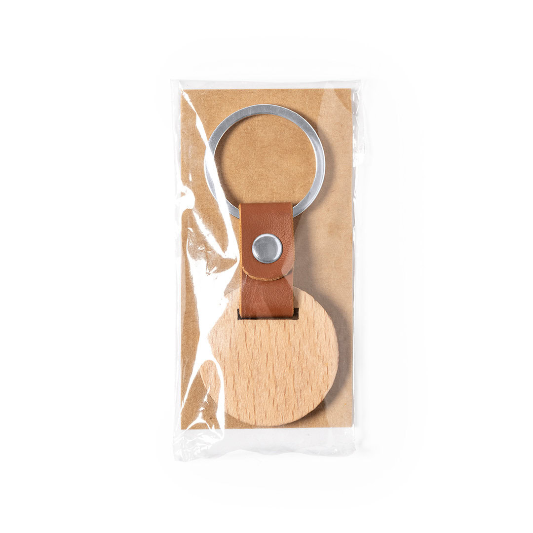 Sleutelhanger imitatieleer/hout bruin rond - Afbeelding 3