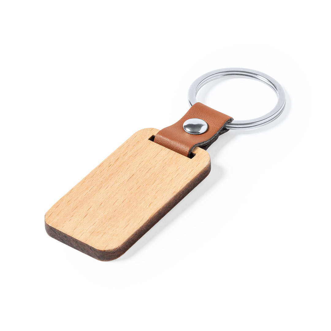 Sleutelhanger imitatieleer/hout bruin rechthoek