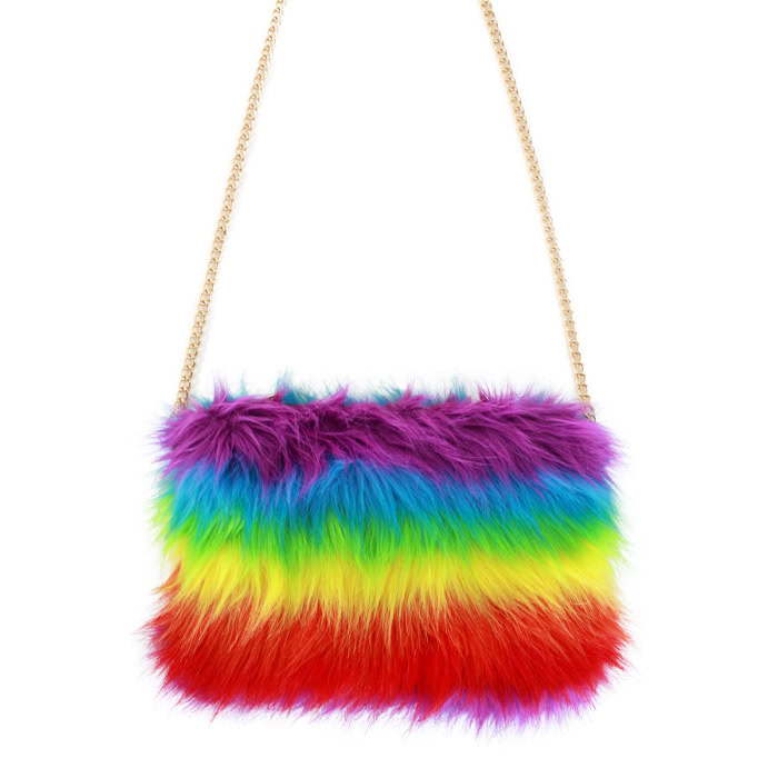 Schoudertasje pluche met ketting regenboog