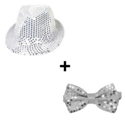 Fedora feesthoedje + glitter strik zilver