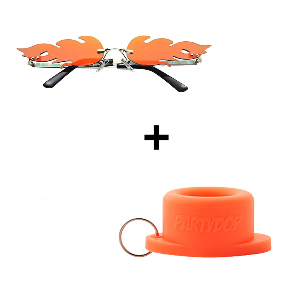 Vlammen zonnebril + Universele Partydop oranje