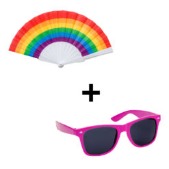 Handwaaier RPET regenboog + roze zonnebril