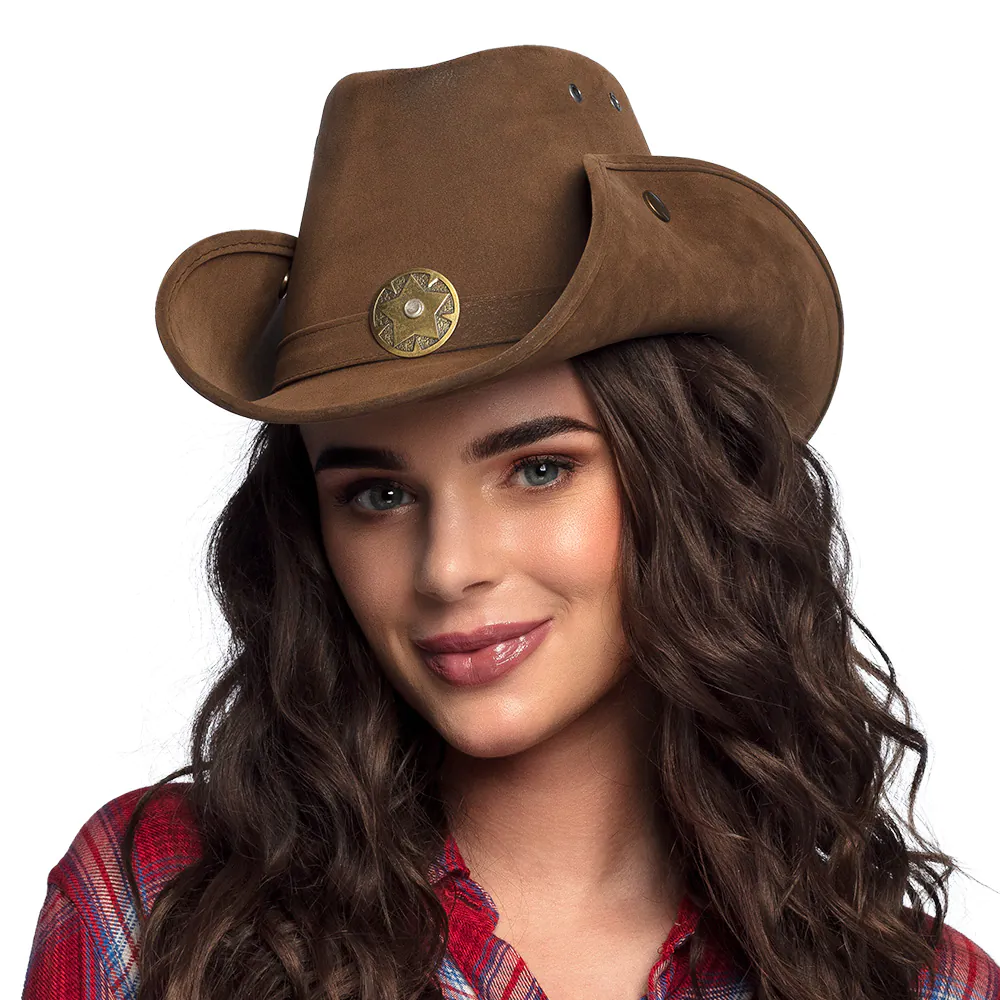 Cowboy hoed met ster kunstleer bruin - Afbeelding 3