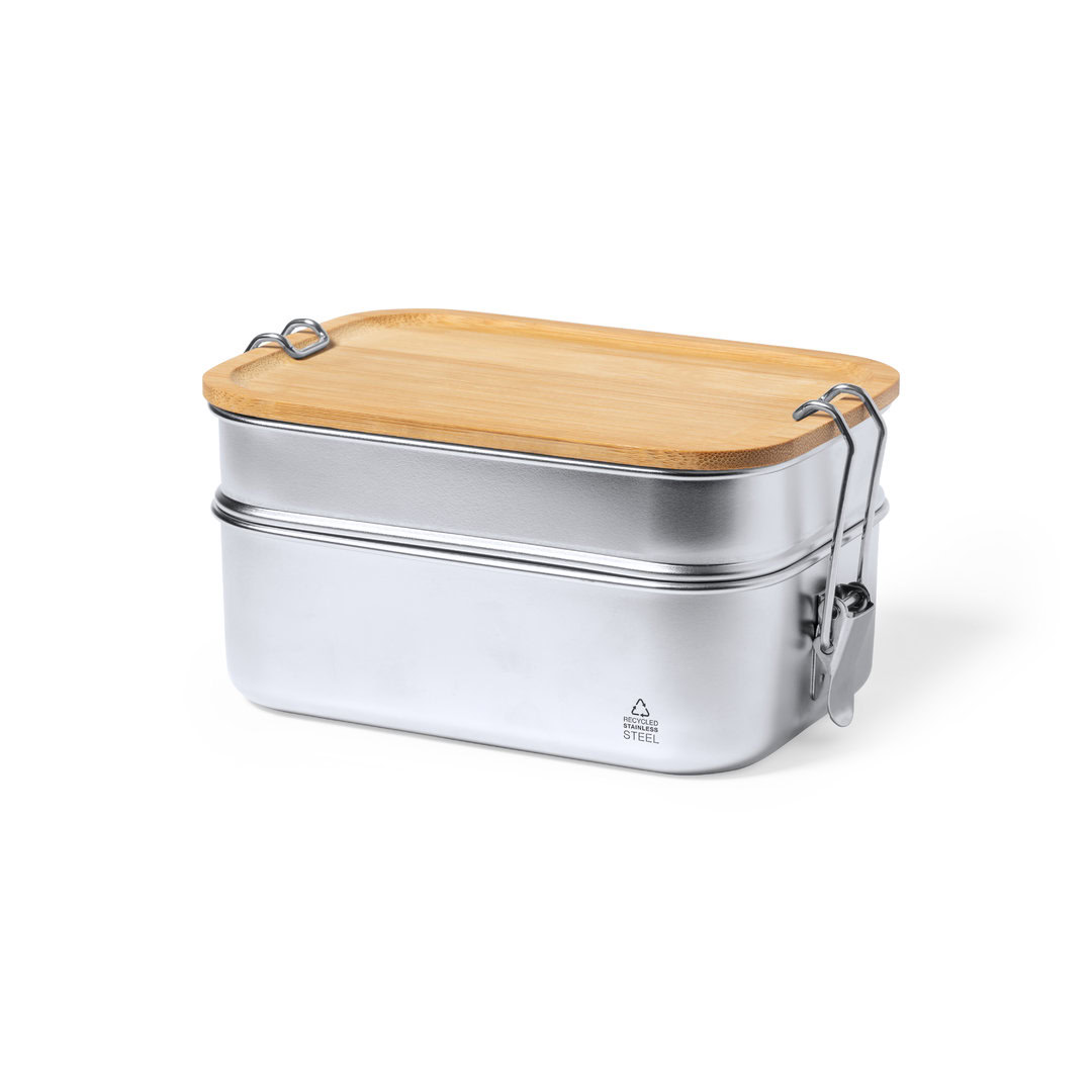 Lunchbox met dubbel compartiment RVS/bamboe 940 ml zilver