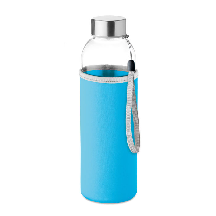 Glazen drinkfles met draaglus en beschermhoes 500 ml lichtblauw
