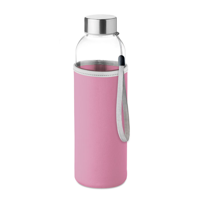 Glazen drinkfles met draaglus en beschermhoes 500 ml roze