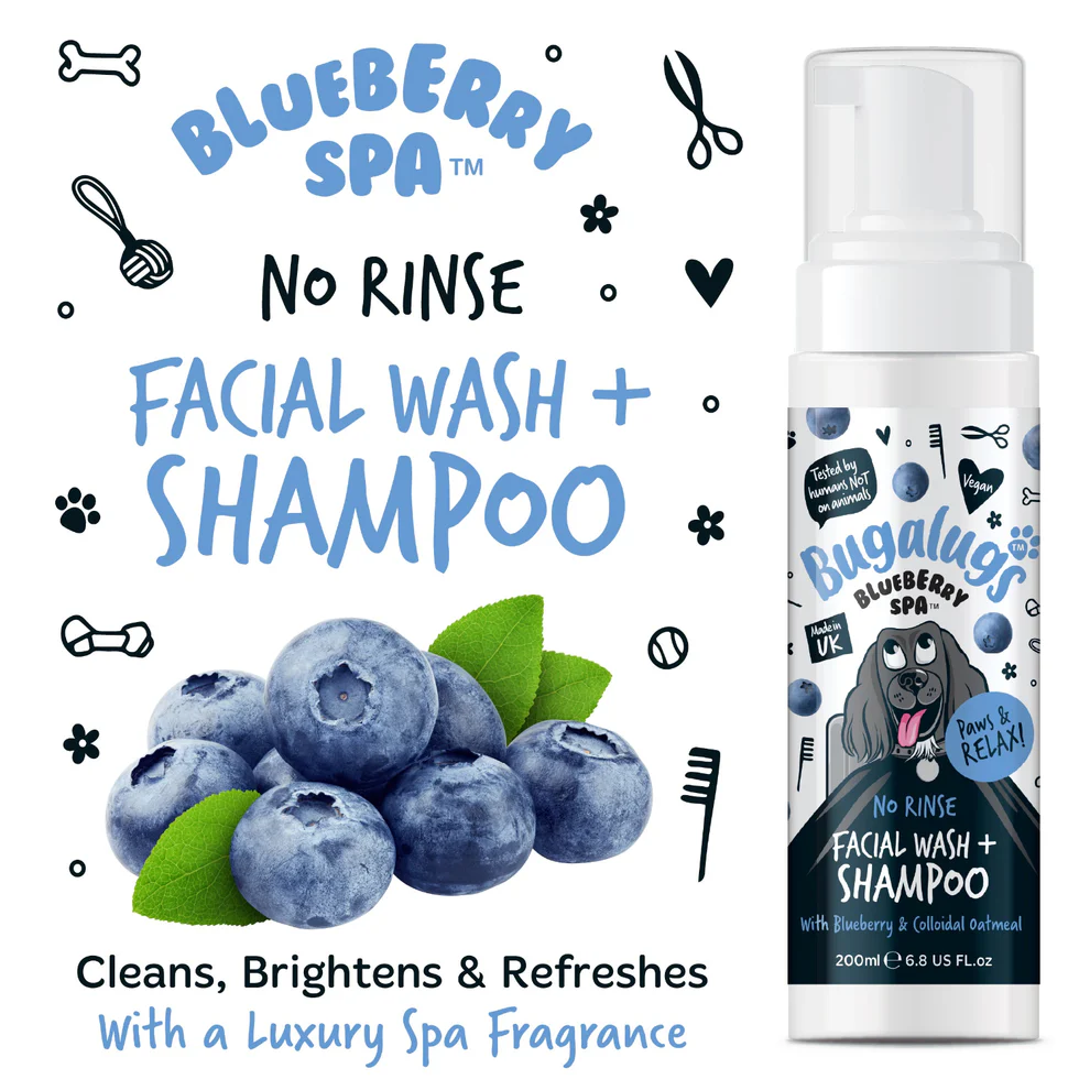 Bugalugs Blueberry Spa No-Rinse Facial Wash & Shampoo voor Honden – Zachte Gezichtsreiniger zonder Water – 200ml - Afbeelding 2