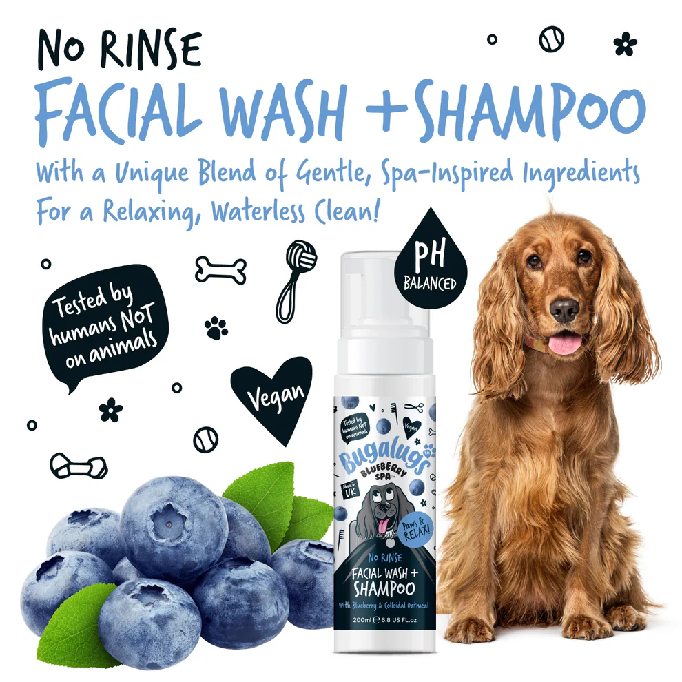Bugalugs Blueberry Spa No-Rinse Facial Wash & Shampoo voor Honden – Zachte Gezichtsreiniger zonder Water – 200ml - Afbeelding 3