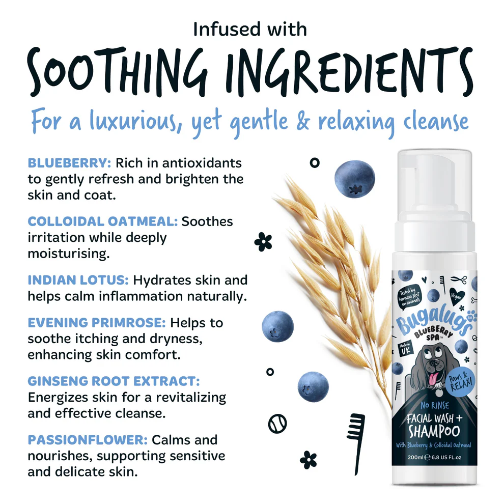 Bugalugs Blueberry Spa No-Rinse Facial Wash & Shampoo voor Honden – Zachte Gezichtsreiniger zonder Water – 200ml - Afbeelding 8