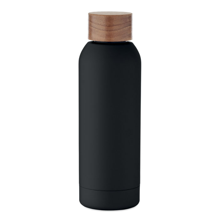 Drinkfles van gerecycled RVS - Enkelwandig met houten schroefdop - 700 ml - Zwart