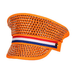 Pet Nederland oranje - Feestpet met strass steentjes en Nederlandse vlag - 59 cm