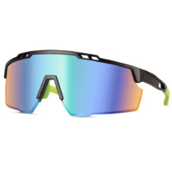 Zwarte sport zonnebril met glanzend semi randloos montuur en groene pootjes - Blauw glas