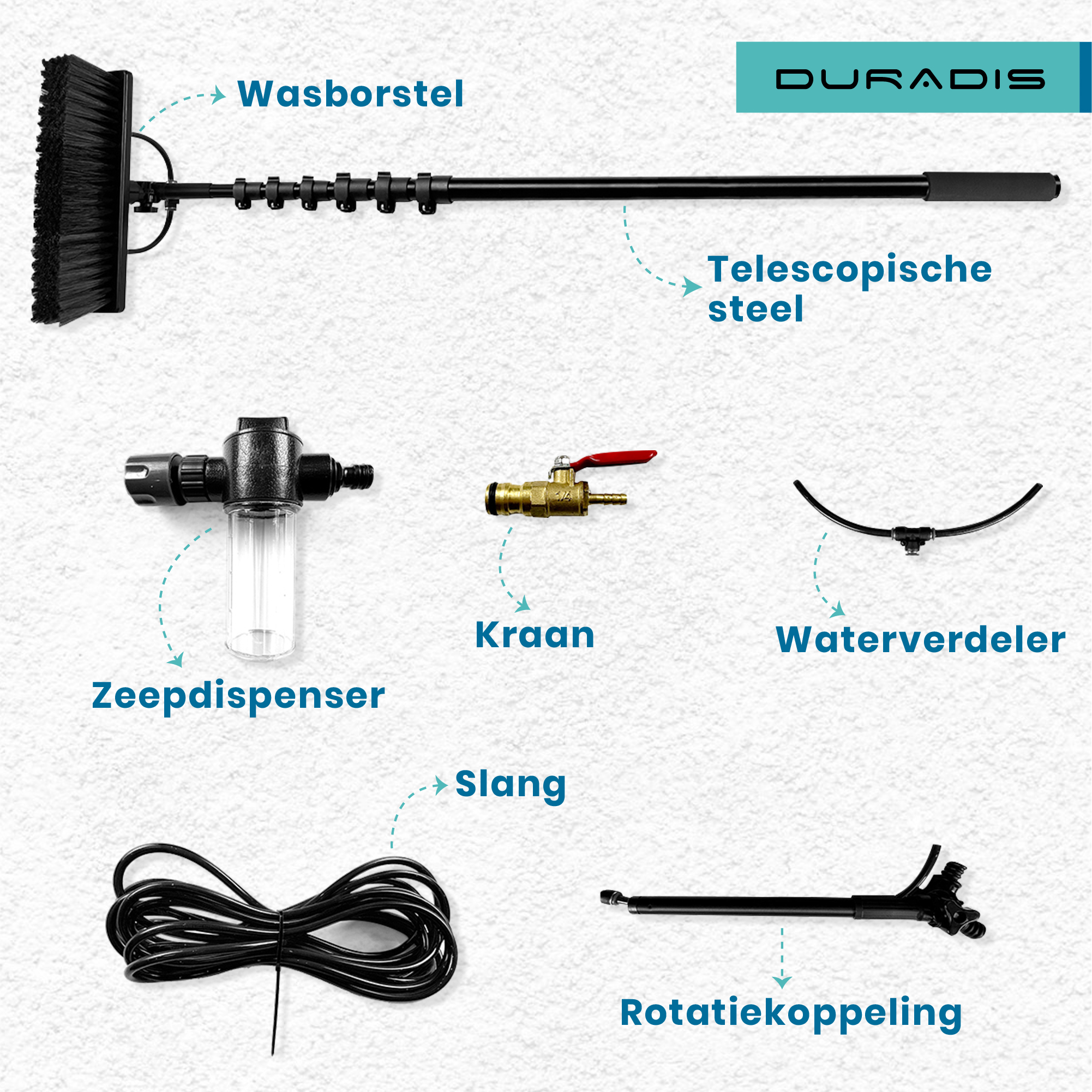 Duradis 3-in-1 Telescopische Wasborstel met Waterdoorvoer – Met allround Borstel, Driekoppige Borstel & Inwasser-Trekker - 10 meter - Afbeelding 5