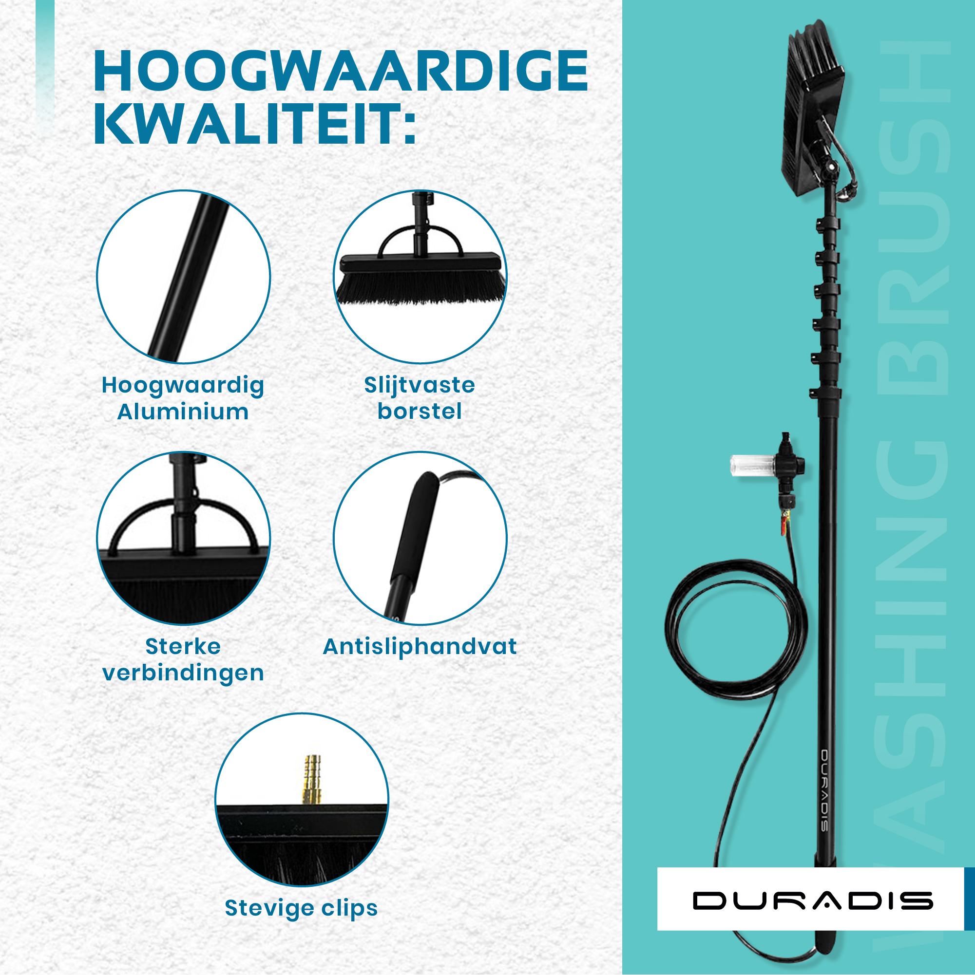 Duradis 3-in-1 Telescopische Wasborstel met Waterdoorvoer – Met allround Borstel, Driekoppige Borstel & Inwasser-Trekker - 7 meter - Afbeelding 7