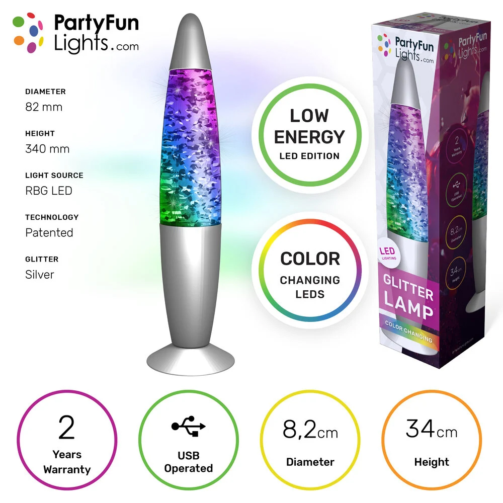 Zilveren glitter lavalamp - 34 cm - USB - Met kleurveranderende LED verlichting - Afbeelding 5