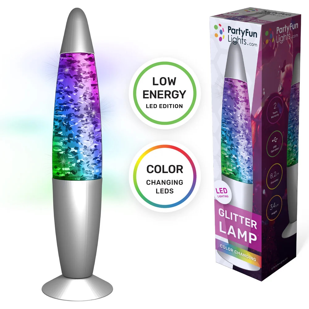 Zilveren glitter lavalamp - 34 cm - USB - Met kleurveranderende LED verlichting - Afbeelding 3