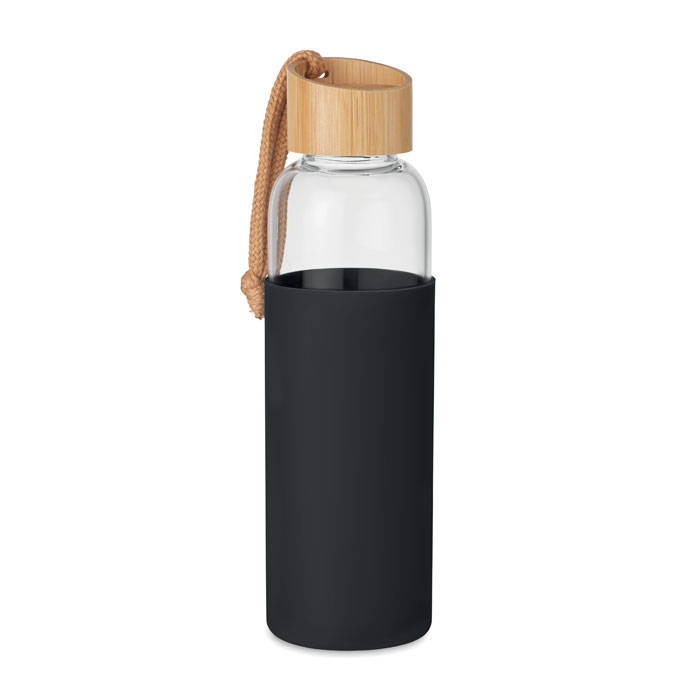 Glazen drinkfles met siliconen sleeve - Waterfles met katoenen draaglus - 500 ml - Zwart
