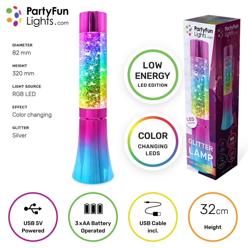 Multicolor glitter lavalamp - 32 cm - Met kleurveranderende LED verlichting en zilveren glitters - Afbeelding 4
