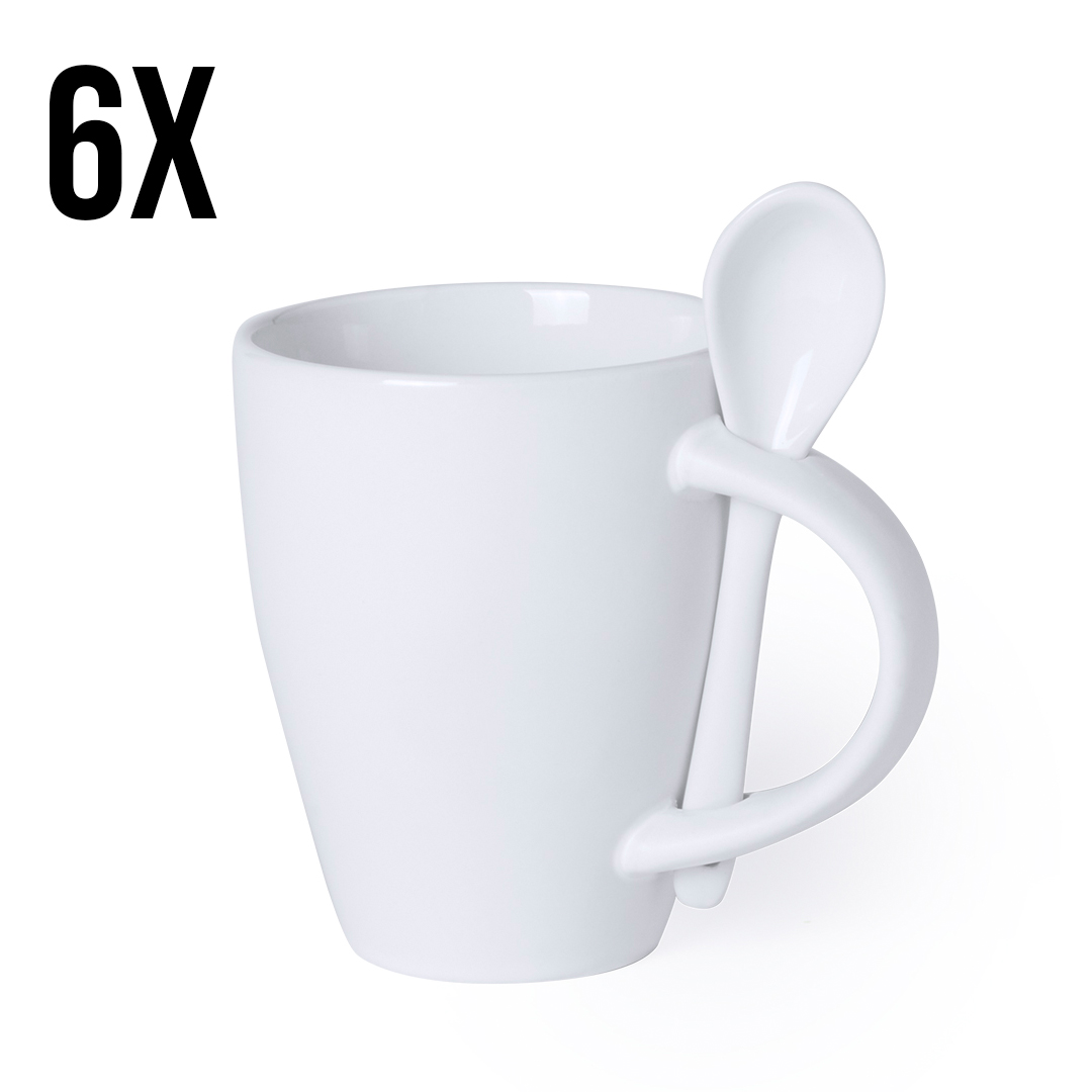 Mok keramiek met lepel wit 300 ml - 6 stuks