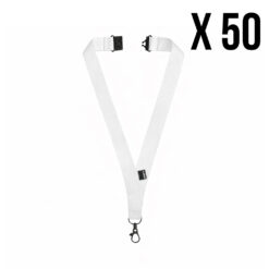 RPET keycord met karabijnhaak en veiligheidssluiting - Brede lanyard - 50 cm - Wit - 50 stuks