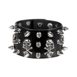 Biker armband met spikes en doodskoppen - Lederlook - Zwart/zilver
