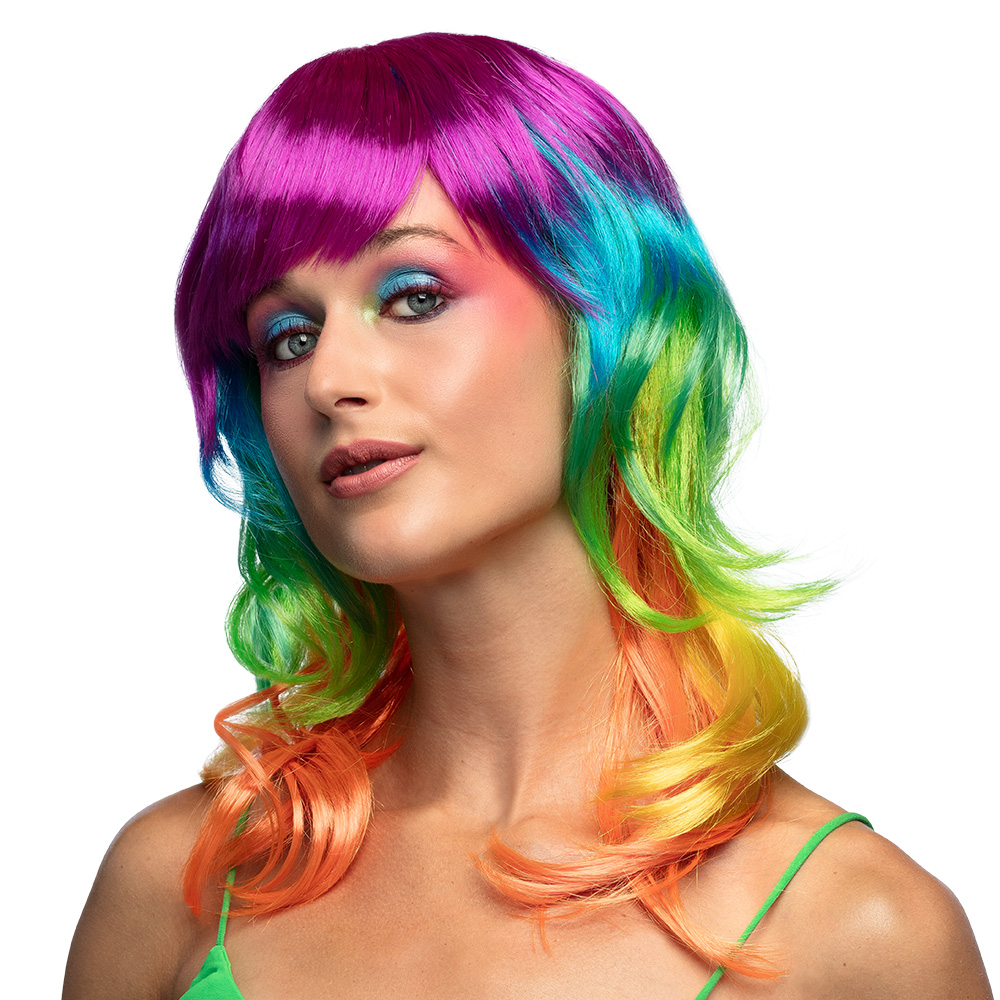 Regenboog pruik halflang - Met pony - Multicolor - Afbeelding 2