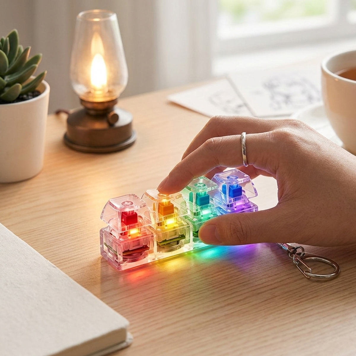 Keyboard Fidget Toy met LED en Sleutelhanger - Met 4 Knoppen - Transparant met multicolor lampjes - Afbeelding 4
