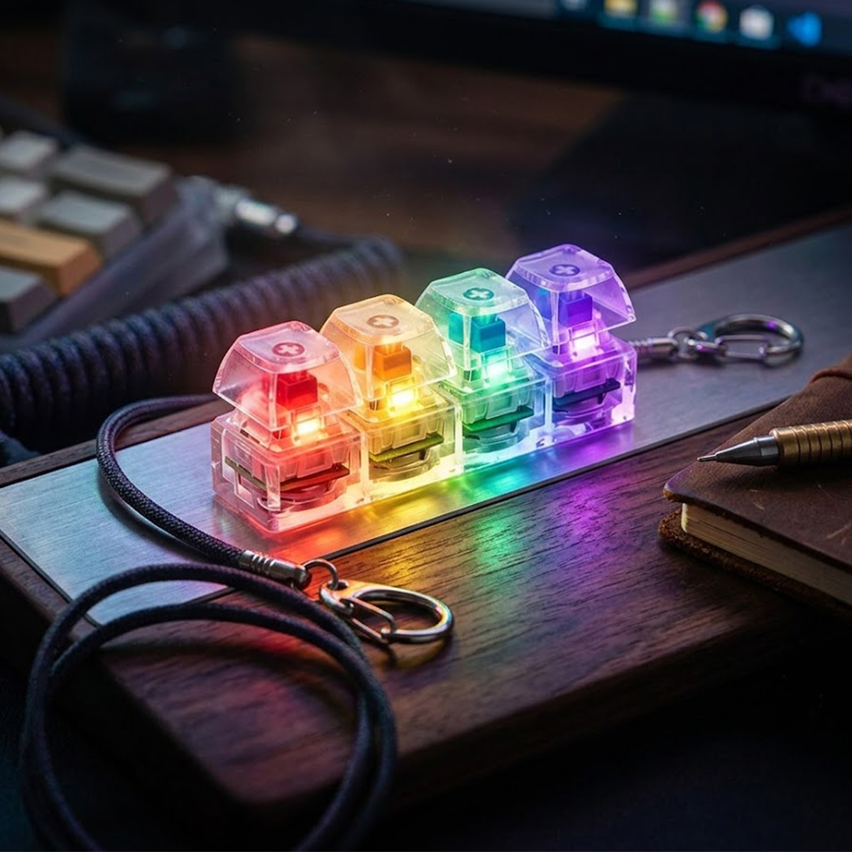 Keyboard Fidget Toy met LED en Sleutelhanger - Met 4 Knoppen - Transparant met multicolor lampjes - Afbeelding 3