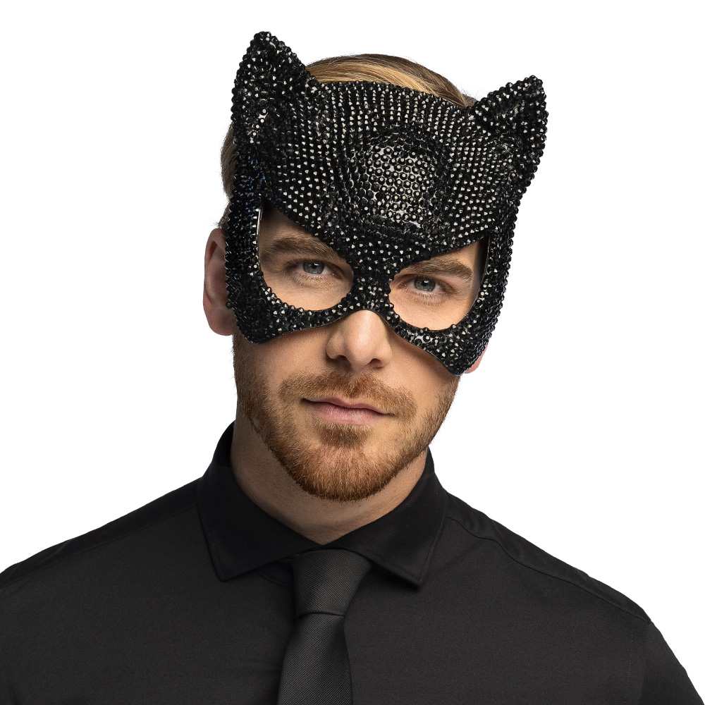 Luxe kattenmasker met strass - Dierenmasker met elastieken sluiting - Zwart - Afbeelding 4