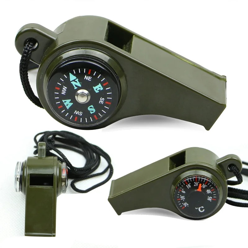 Multifunctioneel Noodfluitje 3-in-1 - Fluitje, Kompas & Thermometer - Outdoor Survival - Legergroen - Afbeelding 3