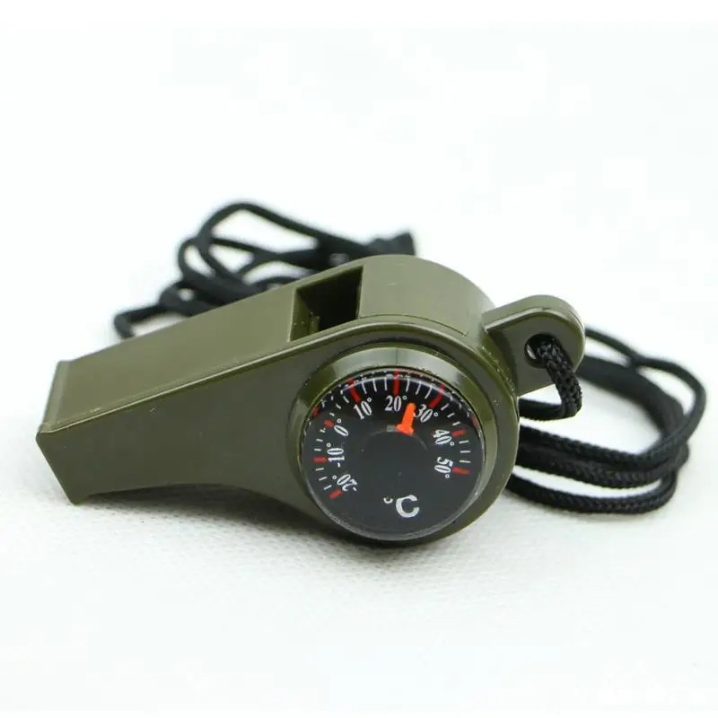 Multifunctioneel Noodfluitje 3-in-1 - Fluitje, Kompas & Thermometer - Outdoor Survival - Legergroen