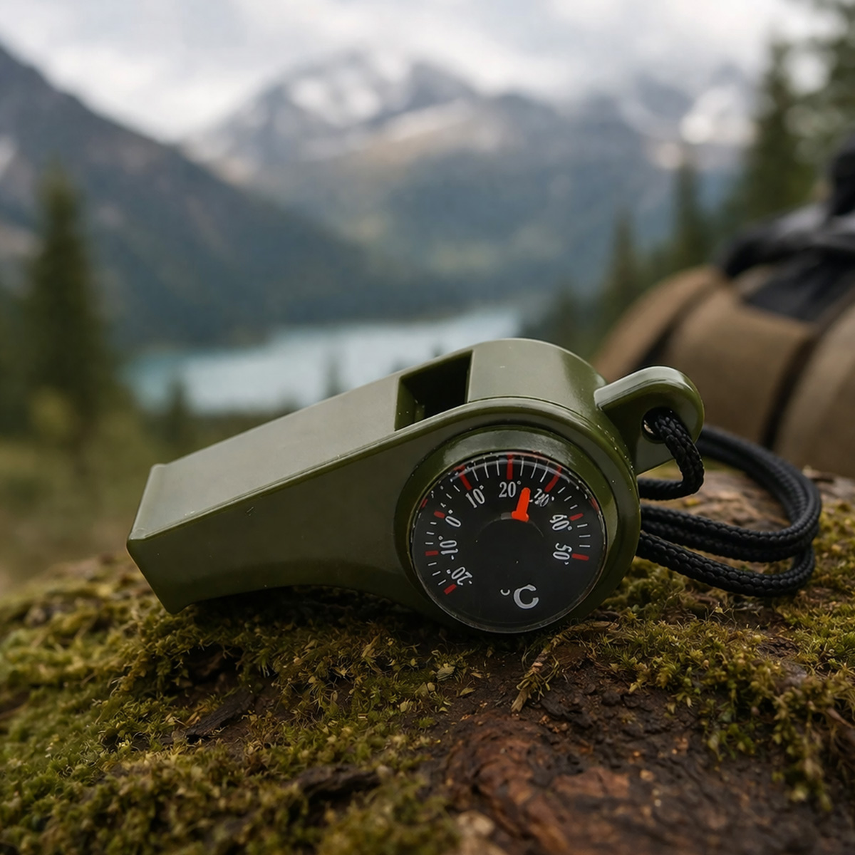 Multifunctioneel Noodfluitje 3-in-1 - Fluitje, Kompas & Thermometer - Outdoor Survival - Legergroen - Afbeelding 4