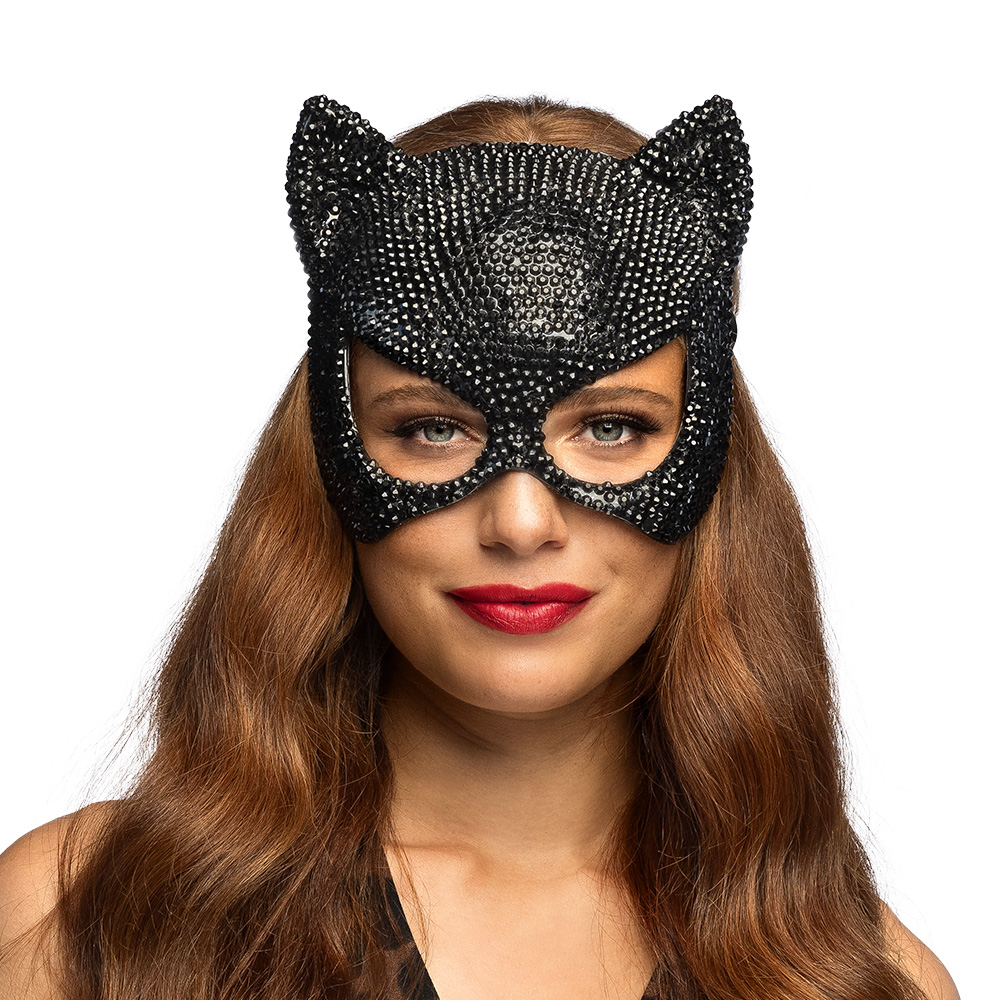 Luxe kattenmasker met strass - Dierenmasker met elastieken sluiting - Zwart - Afbeelding 3