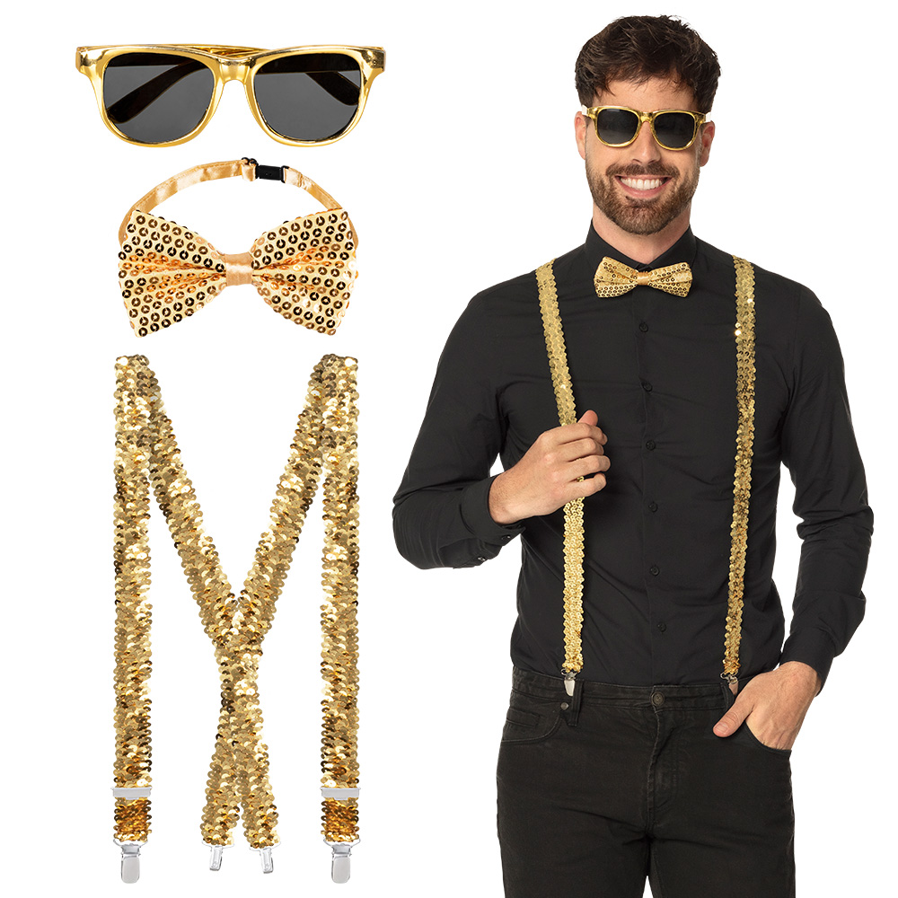 Accessoire set - Partybril, vlinderstrik en bretels - Goud - 3-delig