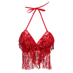 Alternative view of Haltertop rood - Festivaltopje met franjes en striksluiting - One size