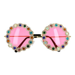 Partybril met diamantjes - Ronde bril met roze glazen