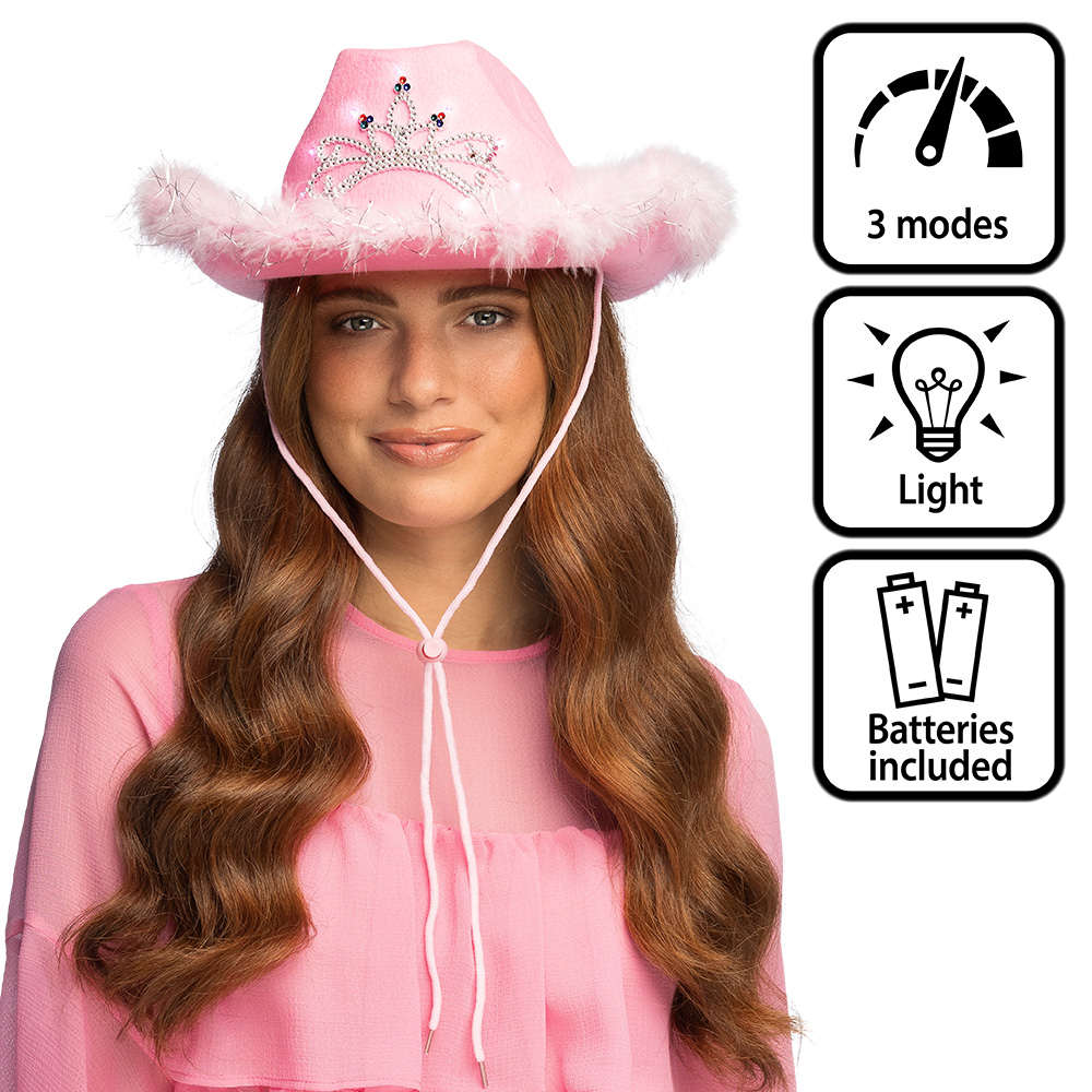 Cowboyhoed roze met witte LED verlichting - Met kroontje - 57 cm - Afbeelding 5