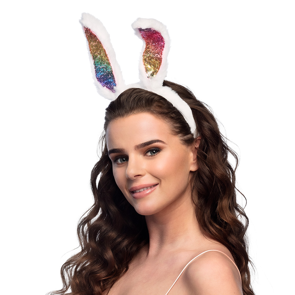 Diadeem konijnenoren - Bunny oortjes met pailletten - Regenboog - Afbeelding 3