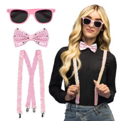 Accessoire set - Partybril, vlinderstrik en bretels - Roze - 3-delig
