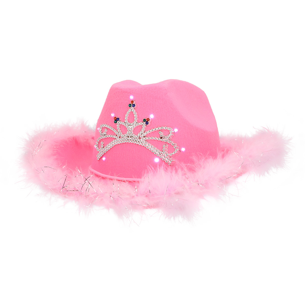 Cowboyhoed roze met witte LED verlichting - Met kroontje - 57 cm