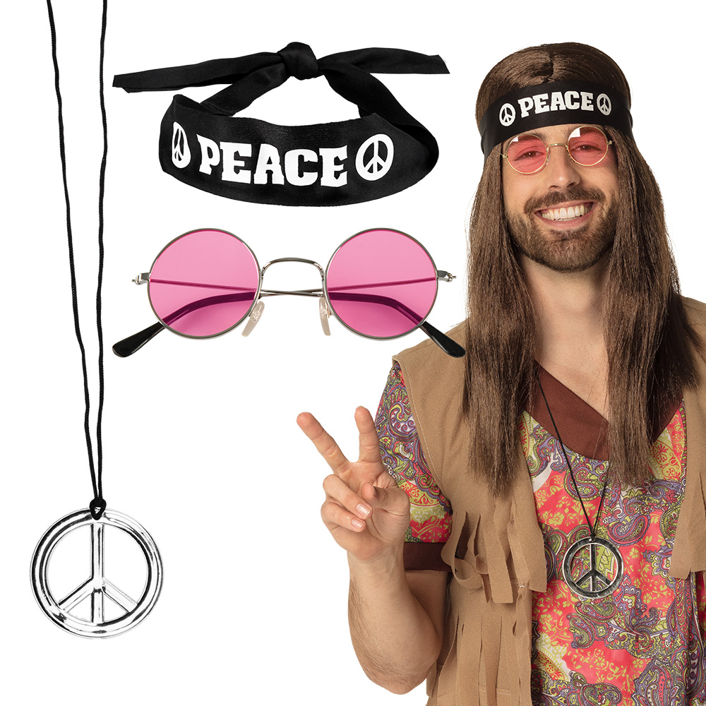 Accessoire set - Hippie - Peace - Hoofdband, partybril en ketting - 3-delig