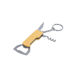 Multifunctionele sleutelhanger - 3 functies - Flesopener, kurkentrekker en mes - Bamboe/RVS