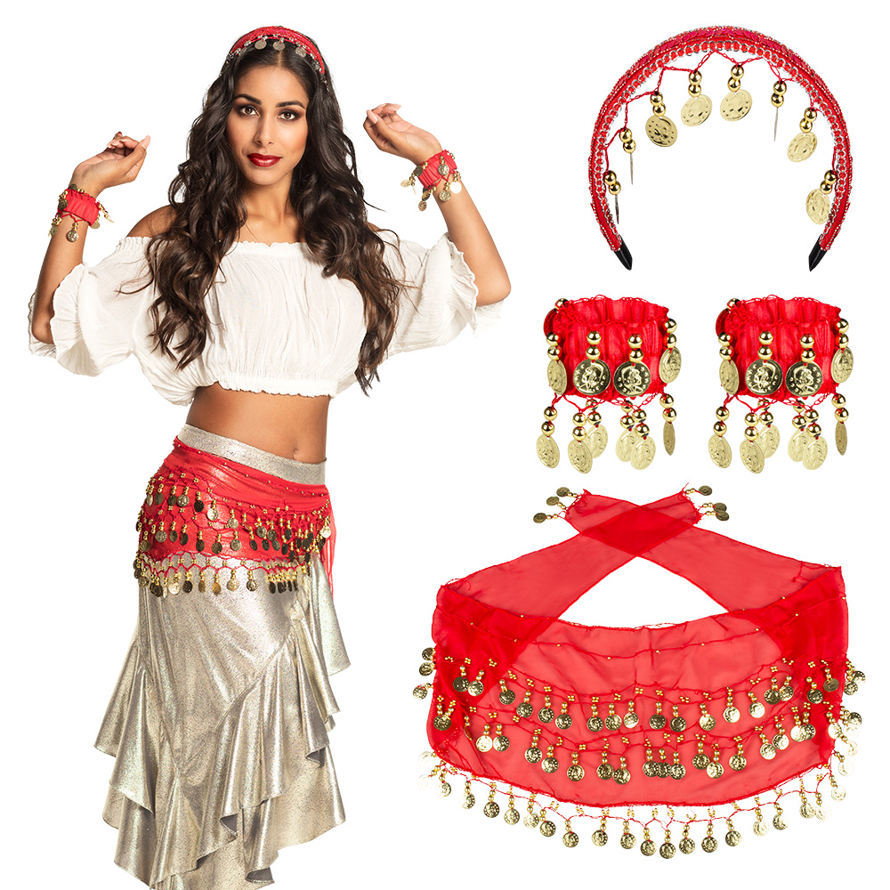 Accessoire set - Buikdanseres - Hoofdband, riem, armbanden - 4-delig - Rood