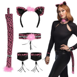 Accessoire set - Luipaard - Diadeem, staart, choker en armbanden - 5-delig - Roze