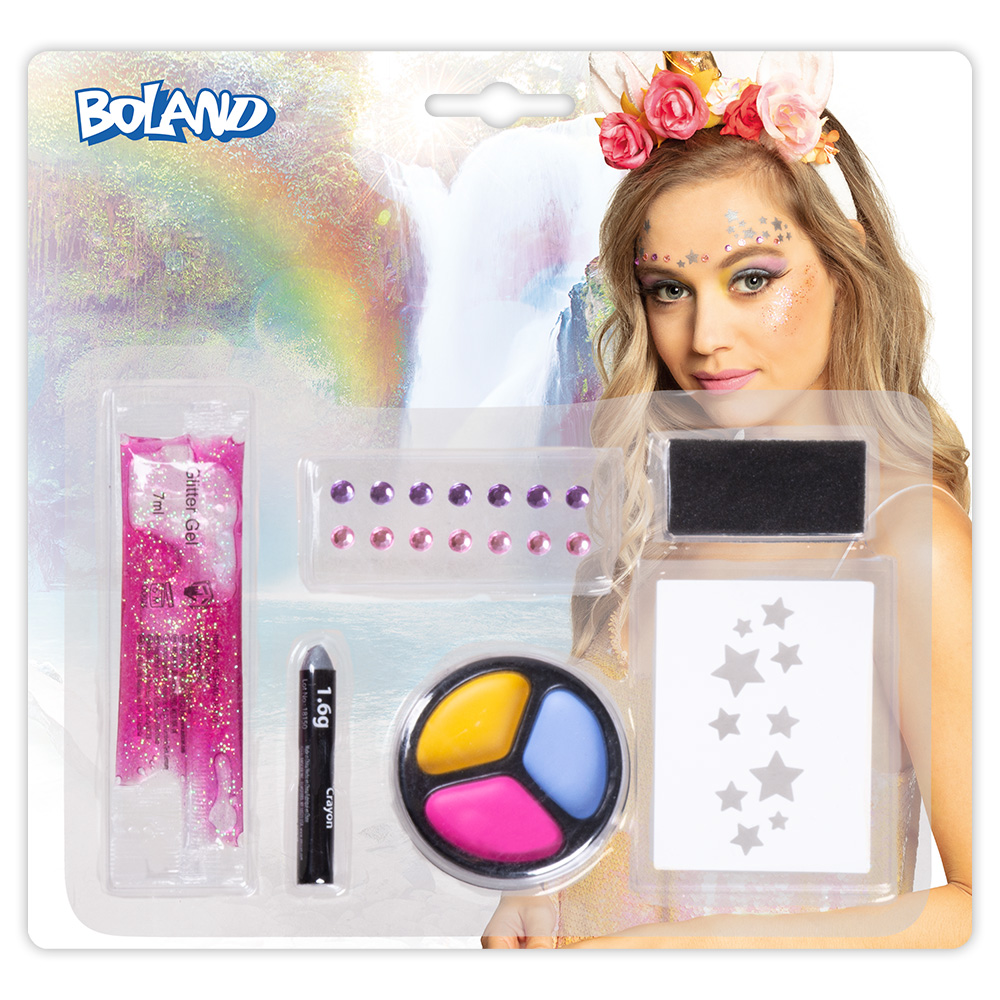 Schminkset eenhoorn - Glitter make-up kit met stencil en strass steentjes - Unicorn schmink - 6-delig