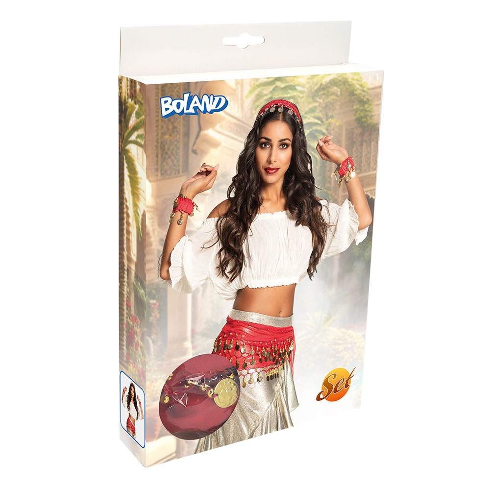 Accessoire set - Buikdanseres - Hoofdband, riem, armbanden - 4-delig - Rood - Afbeelding 5